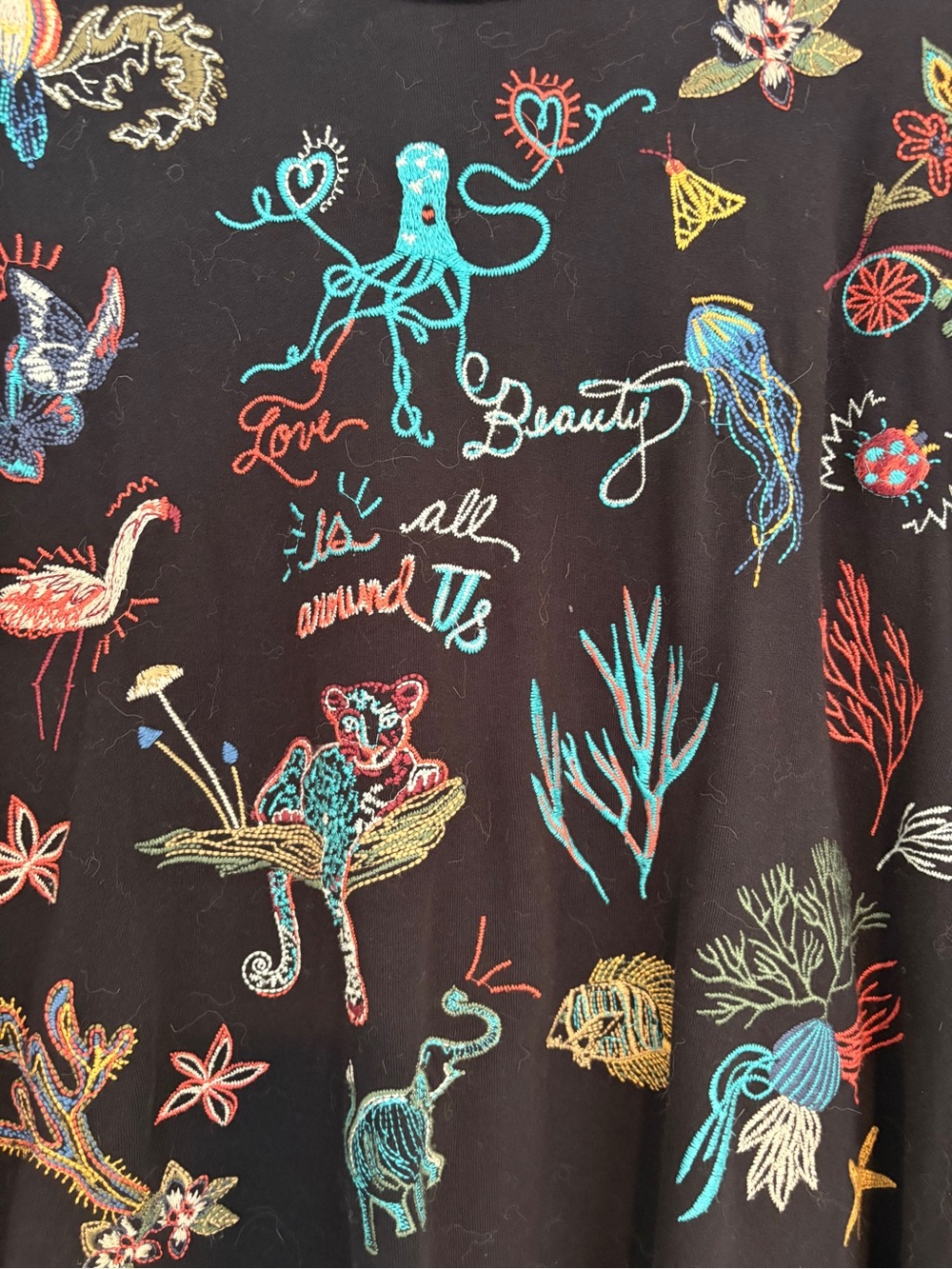 Black Embroidered Ocean Motif Johnny was French Terry cotton sweat sweatshirt .